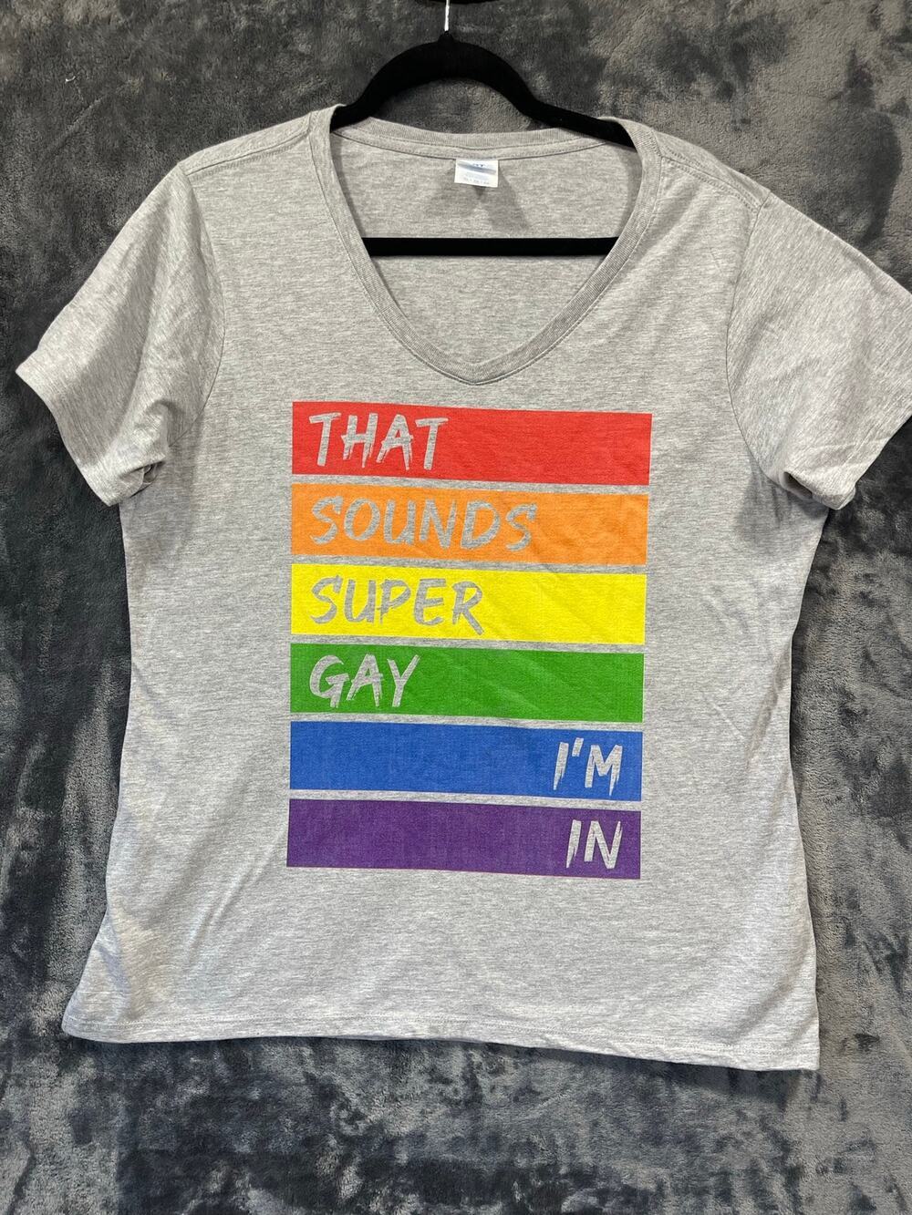 Womens XL Gay Pride Graphic V-Neck Tee "That Sounds Super Gay" NWOT